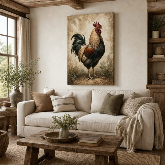 Rustic Rooster Farmhouse Canvas Wall Art living room wall mockup