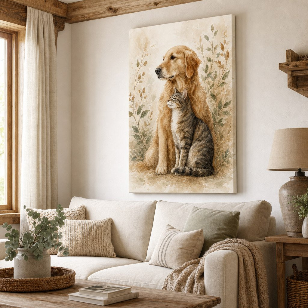 Watercolor Dog and Cat Canvas Wall Art living room wall mockup