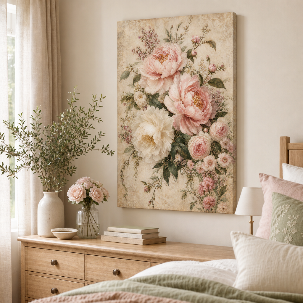 Vintage soft floral canvas wall art in living room