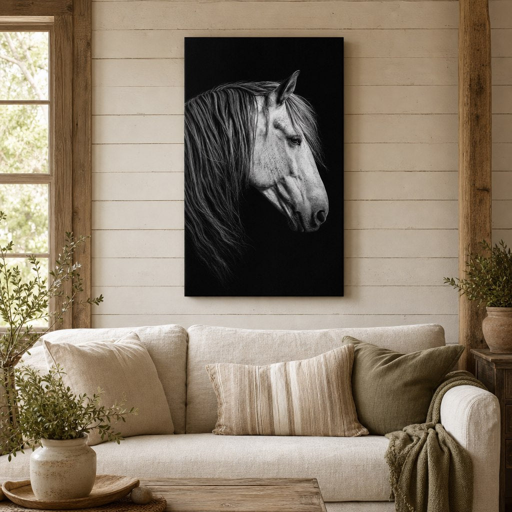 Black and White Horse Canvas Wall Art living room wall mockup