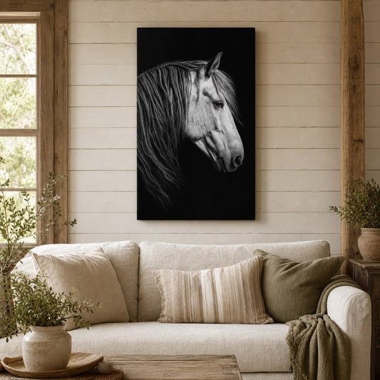 Black and White Horse Canvas Wall Art living room wall mockup