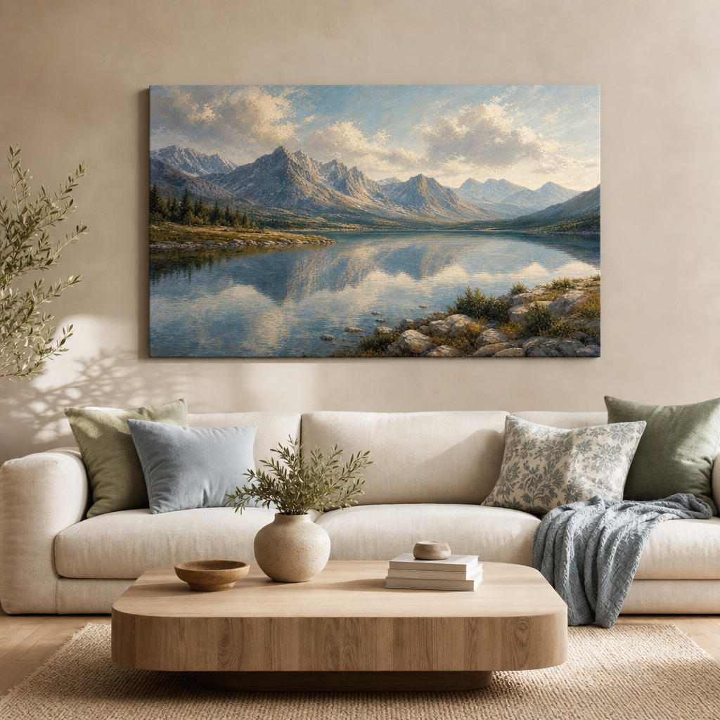 Mountain lake landscape canvas wall art in living room
