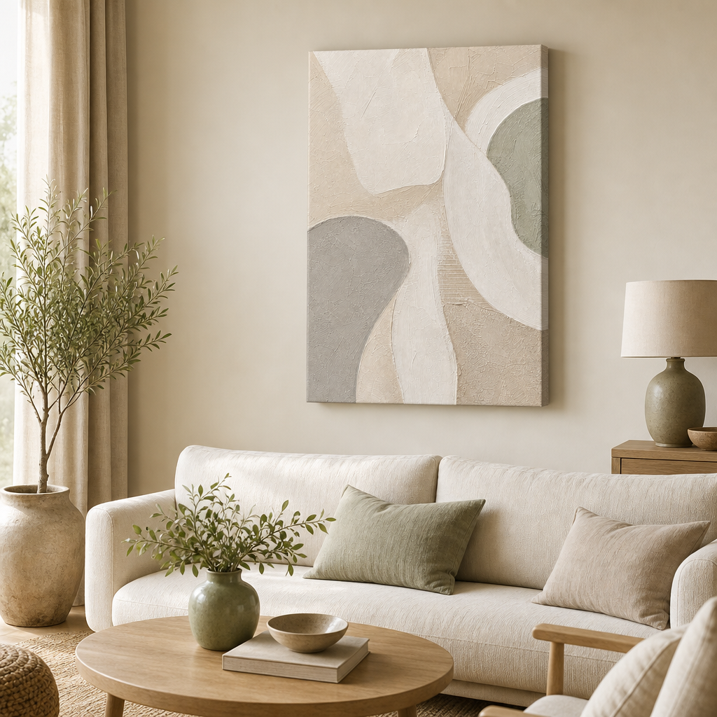 Minimalist Beige Textured Abstract Canvas Wall Art – Draft - Living room wall mockup