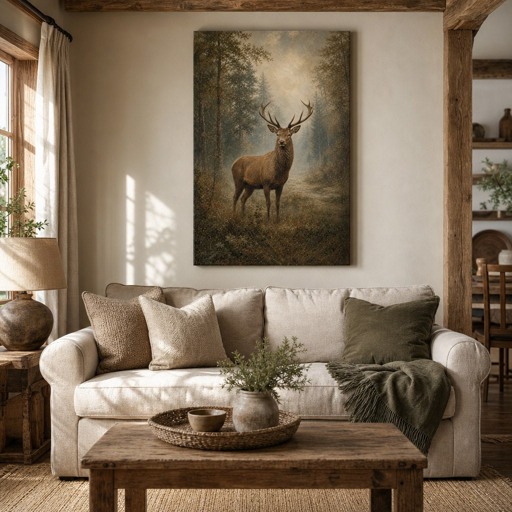 Misty Deer Farmhouse Canvas Wall Art living room wall mockup