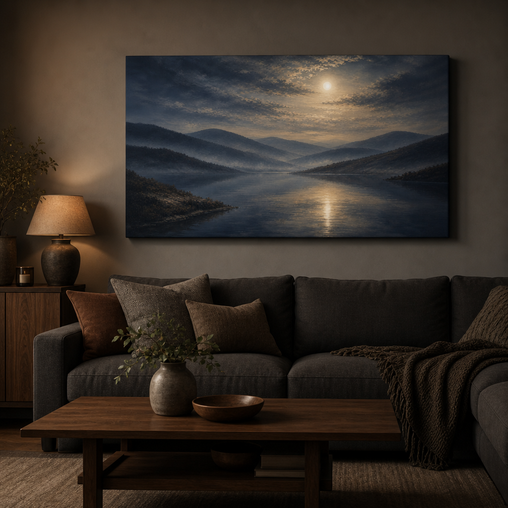 Moody misty lake landscape canvas wall art in living room