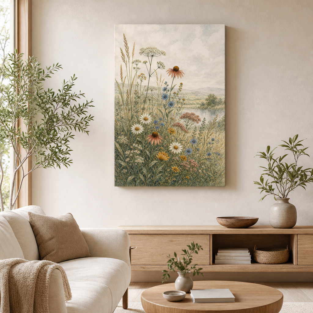 Wildflower Meadow Botanical Canvas Wall Art – Draft - Living room wall mockup