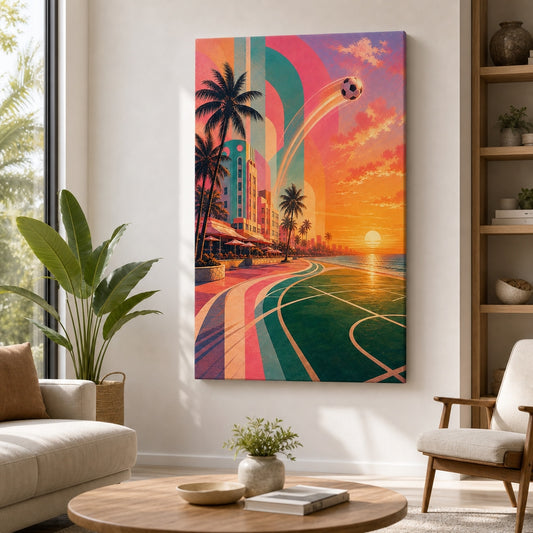 Miami Beach Sunset Soccer Canvas Wall Art living room wall mockup