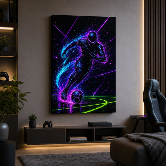 Neon Dribble Light Burst Soccer Canvas Wall Art living room wall mockup