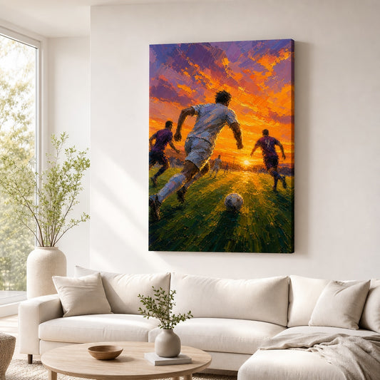 Impasto Sunset Soccer Run Canvas Wall Art living room wall mockup
