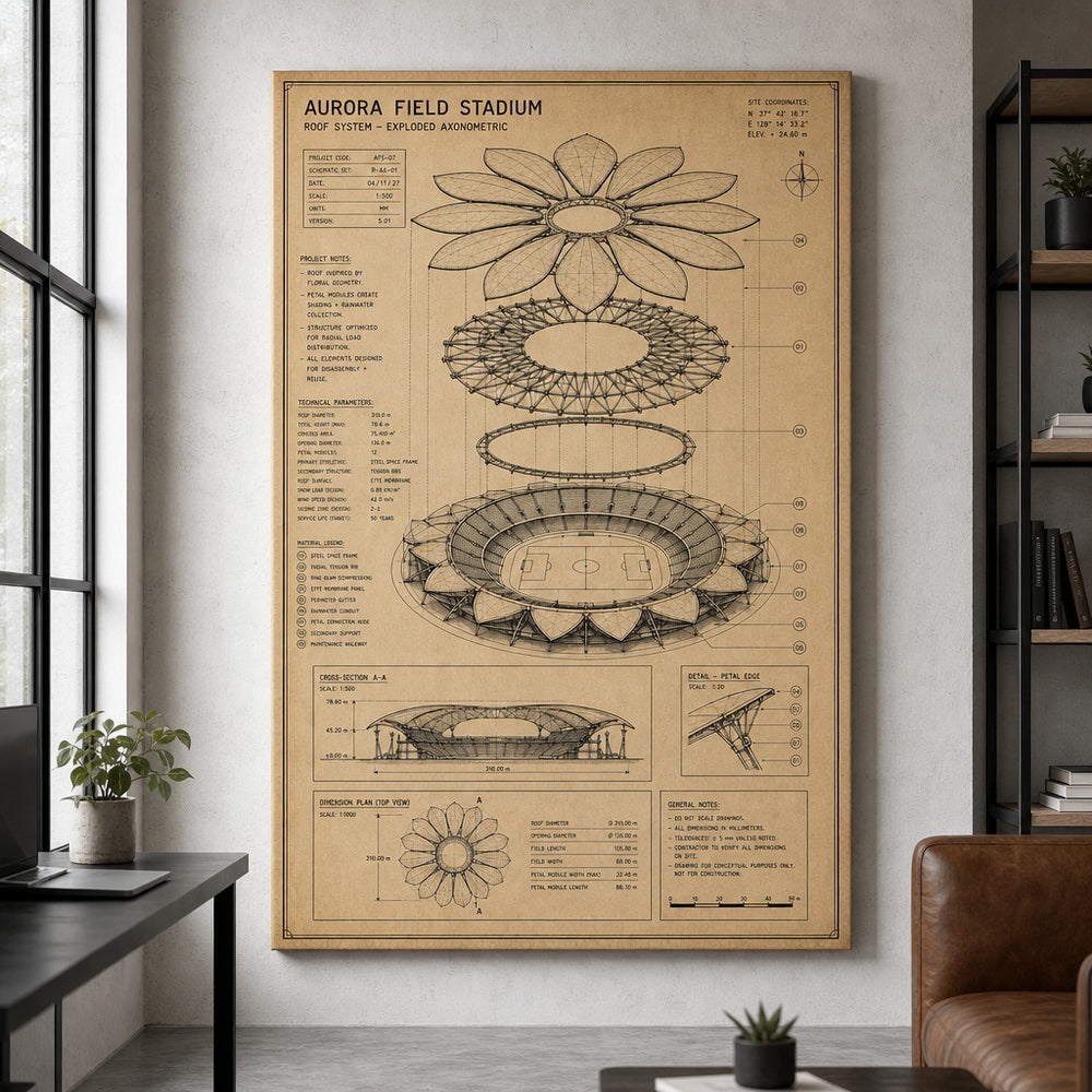 Kraft Paper Stadium Roof Blueprint Canvas Wall Art living room wall mockup
