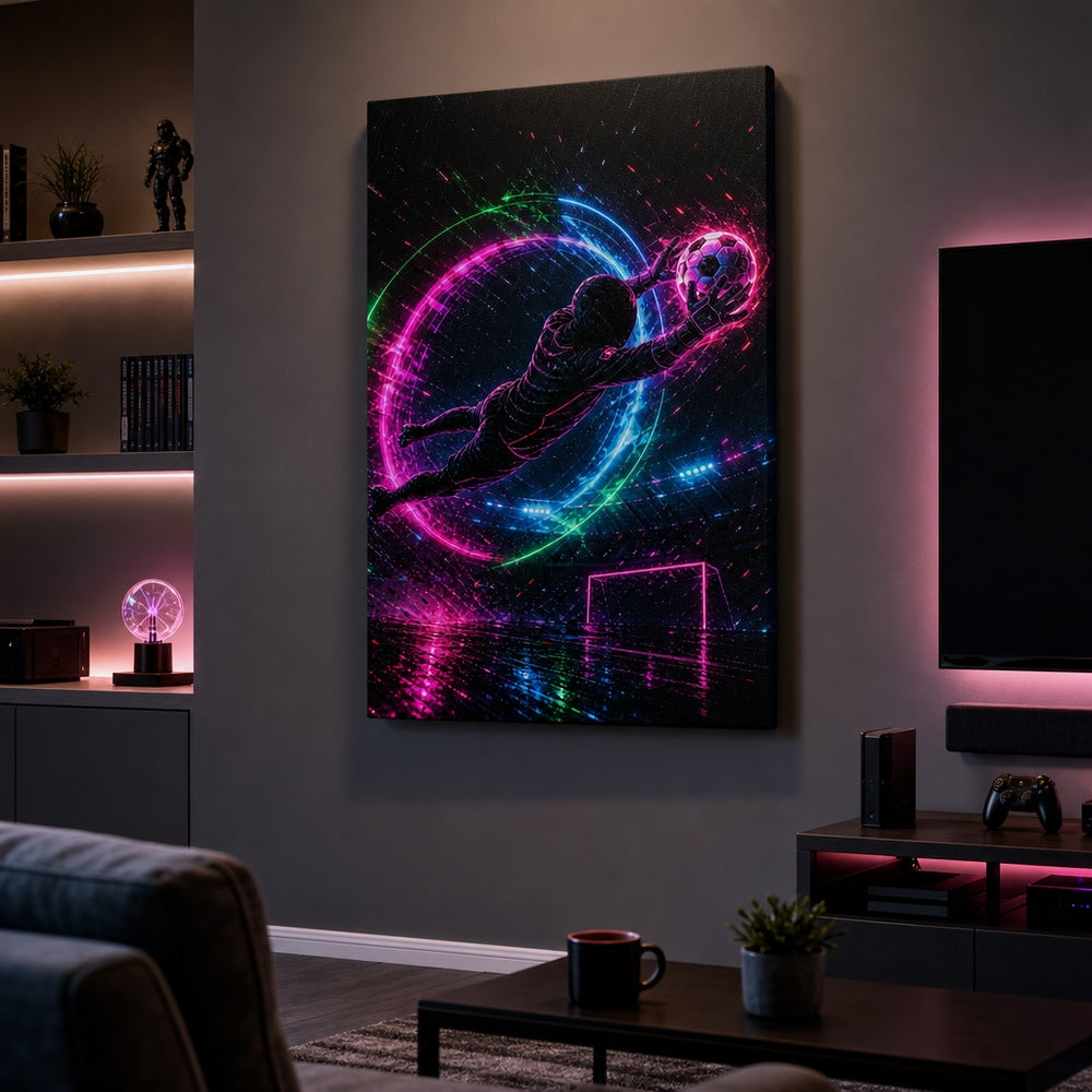 Neon Keeper Save Soccer Canvas Wall Art living room wall mockup