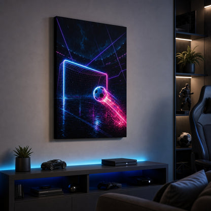 Neon Goal Trails Soccer Canvas Wall Art living room wall mockup