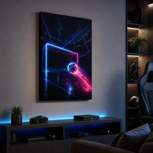 Neon Goal Trails Soccer Canvas Wall Art living room wall mockup