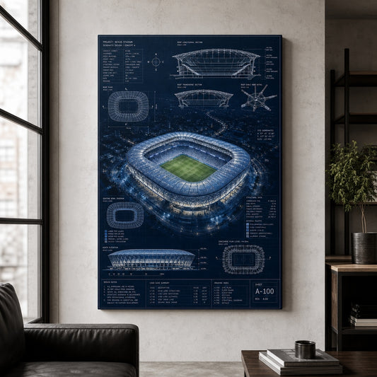 Night Stadium Blueprint Overlay Canvas Wall Art living room wall mockup
