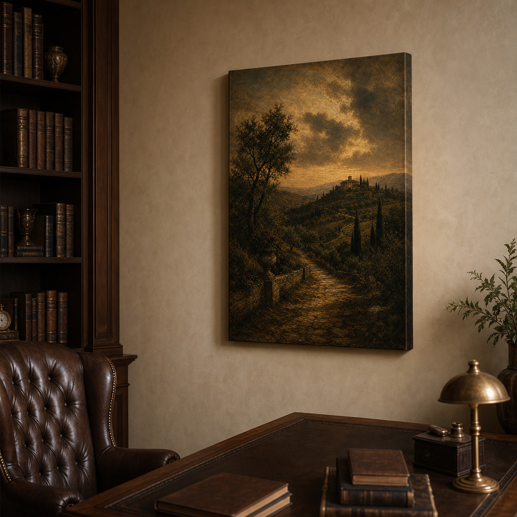 Vintage Brown Olive Landscape Canvas Wall Art – Draft - Study room wall mockup