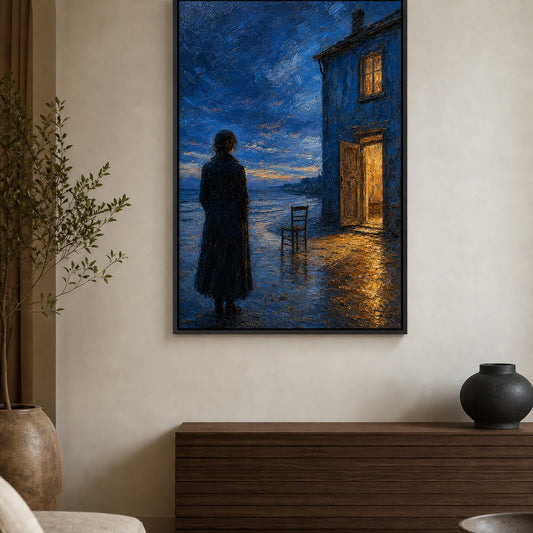 Twilight Blue House by the Sea Floater Frame Canvas Wall Art — room scene in a floater frame