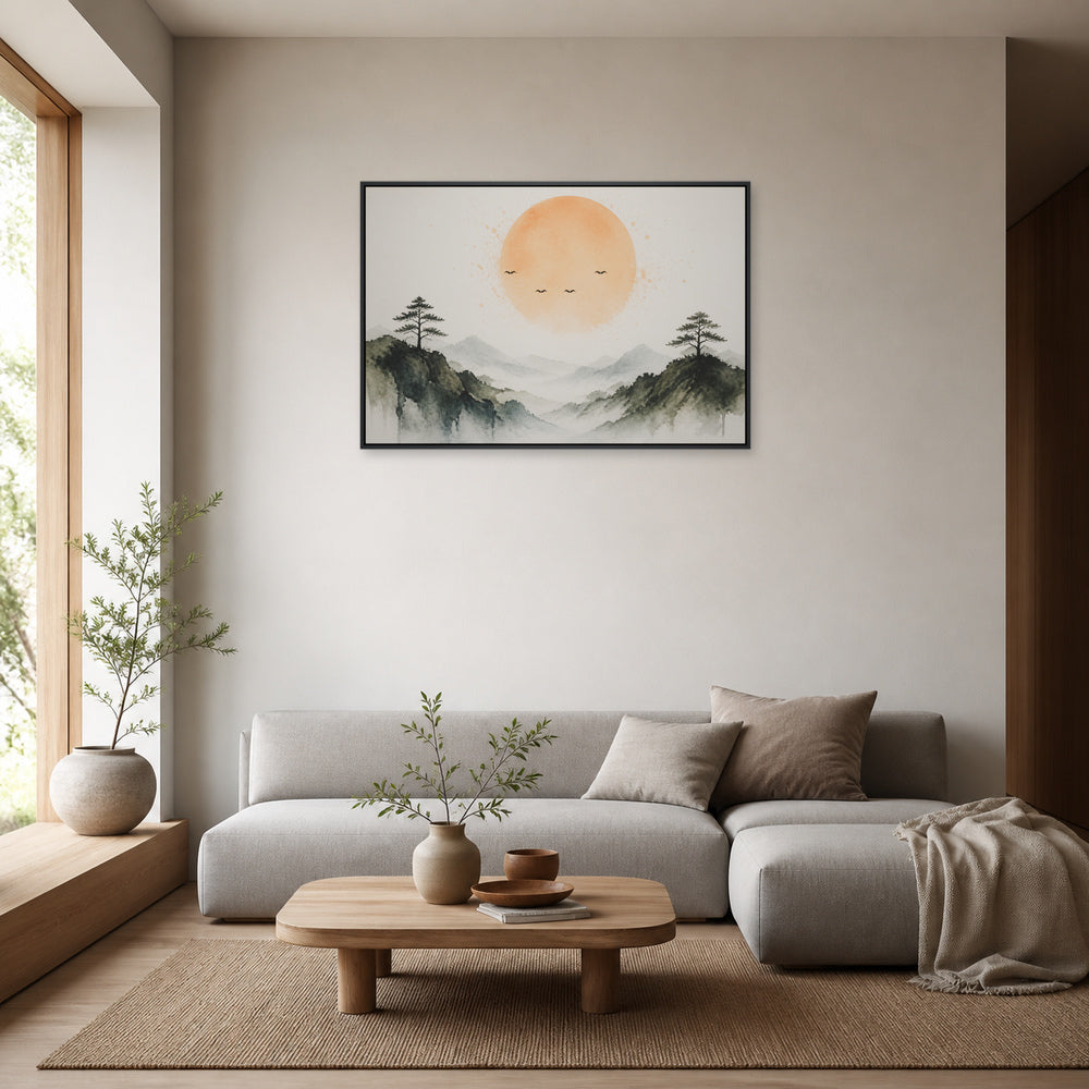 Amber Sun Pine Mountain Watercolor Floating Frame Wall Art - 02_black_frame_wall_scene_primary