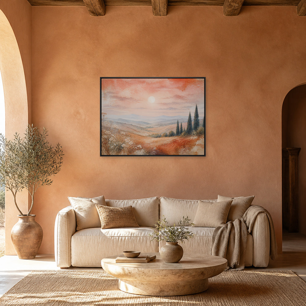 Tuscan Hills Watercolor Landscape Floating Frame Wall Art - 02_black_frame_wall_scene_primary