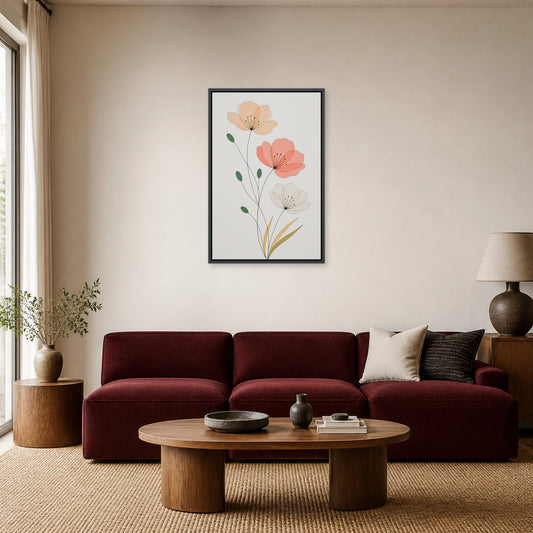 Minimalist Three Flowers Line Art Floating Frame Wall Art - 02_black_frame_wall_scene_primary
