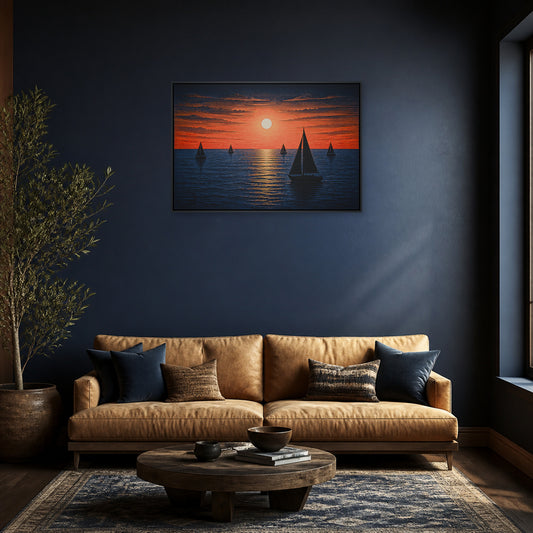 Five Sailboats Sunset Woodcut Floating Frame Wall Art - 02_black_frame_wall_scene_primary