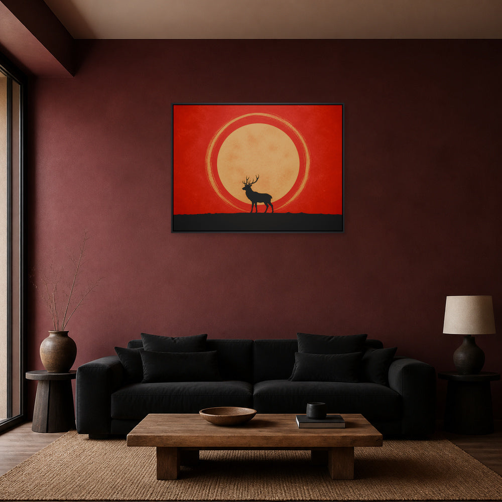 Stag and Golden Moon Floating Frame Wall Art - 02_black_frame_wall_scene_primary