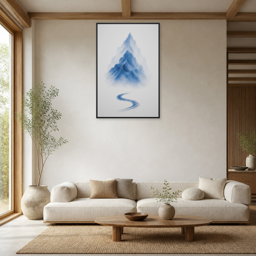 Blue Ink Wash Mountain Floating Frame Wall Art - 02_black_frame_wall_scene_primary