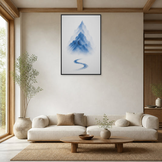 Blue Ink Wash Mountain Floating Frame Wall Art - 02_black_frame_wall_scene_primary