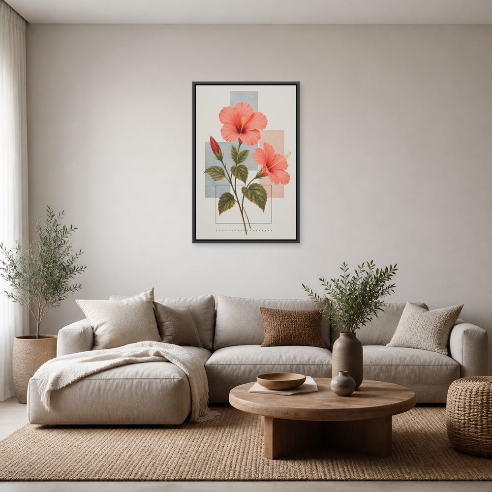 Hibiscus Geometric Collage Floating Frame Wall Art - 02_black_frame_wall_scene_primary