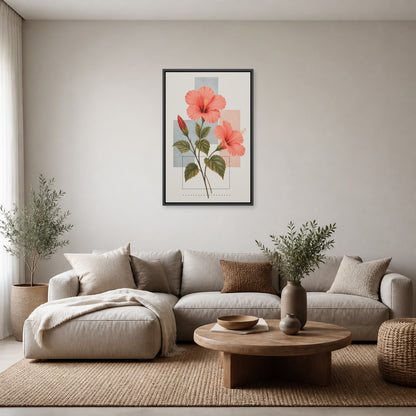 Hibiscus Geometric Collage Floating Frame Wall Art - 02_black_frame_wall_scene_primary