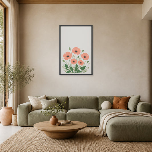 Five Coral Poppies Botanical Floating Frame Wall Art - 02_black_frame_wall_scene_primary
