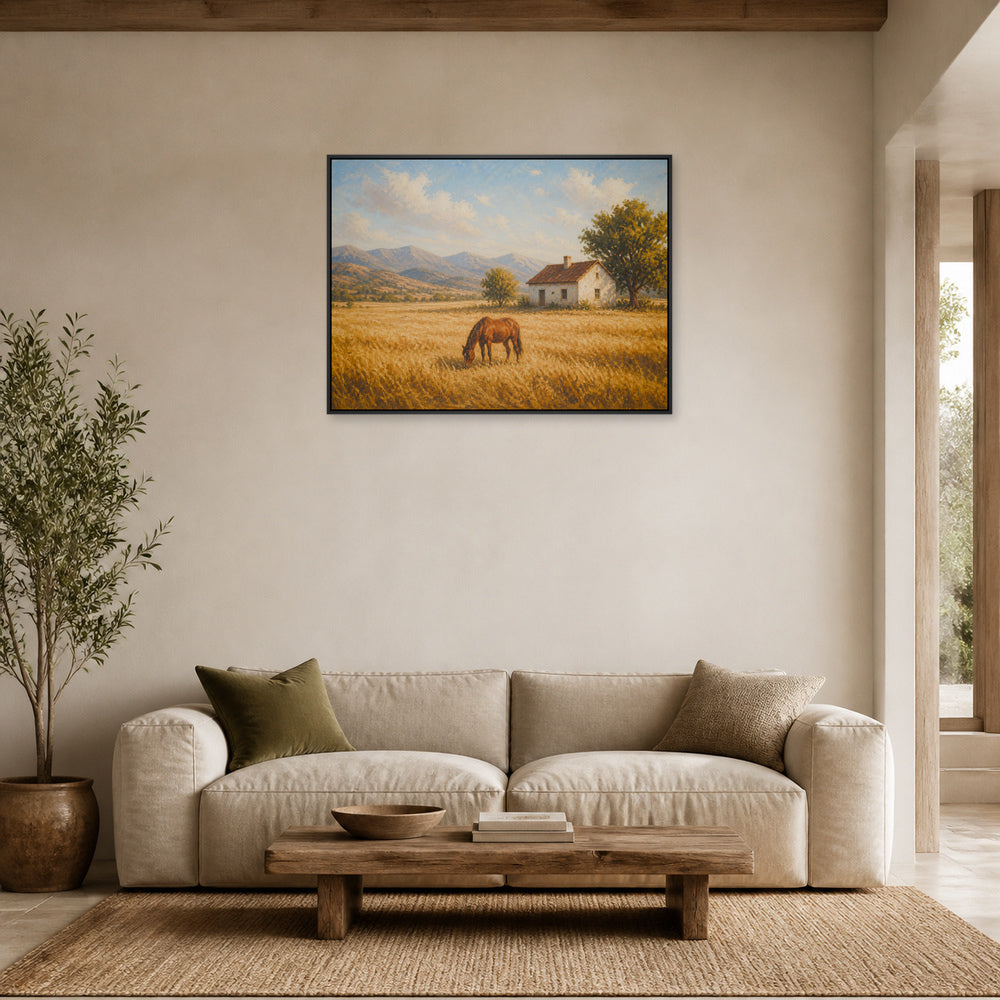 Golden Field Horse and Farmhouse Floating Frame Wall Art - 02_black_frame_wall_scene_primary