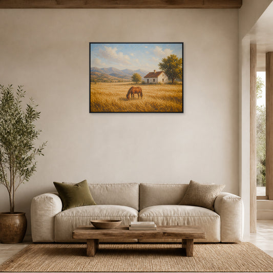 Golden Field Horse and Farmhouse Floating Frame Wall Art - 02_black_frame_wall_scene_primary