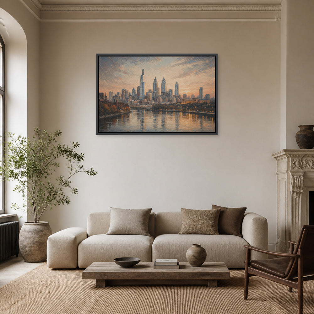 Philadelphia Sunset Skyline Floating Frame Wall Art - 02_black_frame_wall_scene_primary