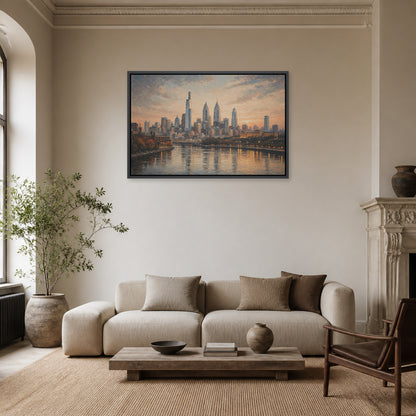 Philadelphia Sunset Skyline Floating Frame Wall Art - 02_black_frame_wall_scene_primary