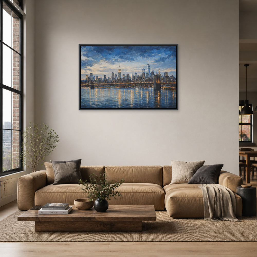New York Blue Hour Skyline Floating Frame Wall Art - 02_black_frame_wall_scene_primary
