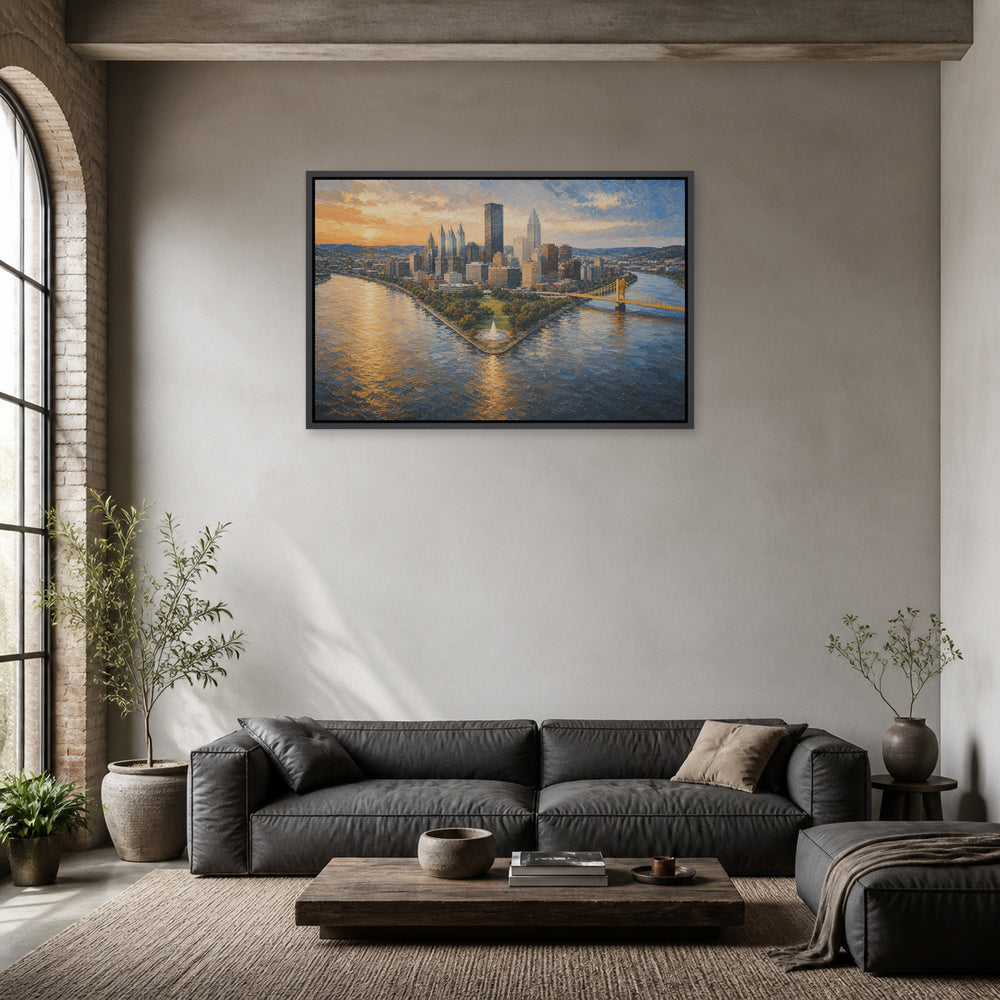 Pittsburgh Three Rivers Skyline Floating Frame Wall Art - 02_black_frame_wall_scene_primary