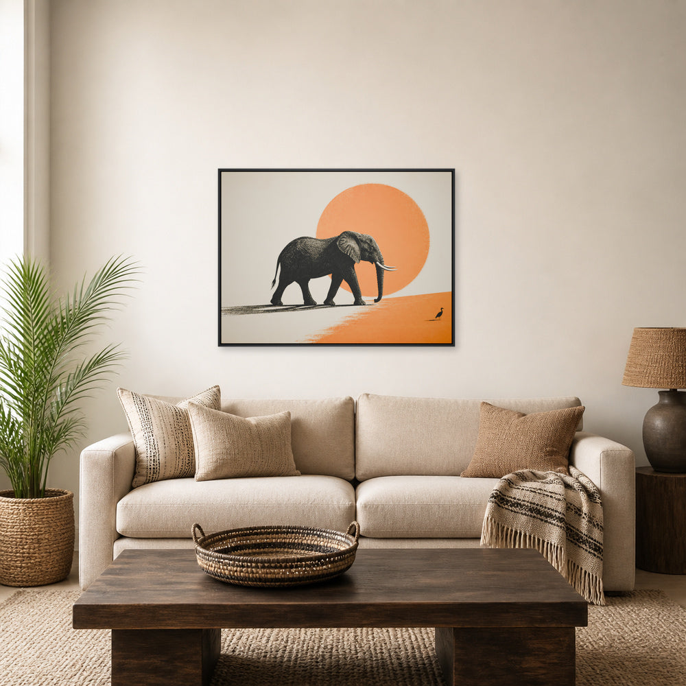 African Elephant and Orange Sun Floating Frame Wall Art - 02_black_frame_wall_scene_primary