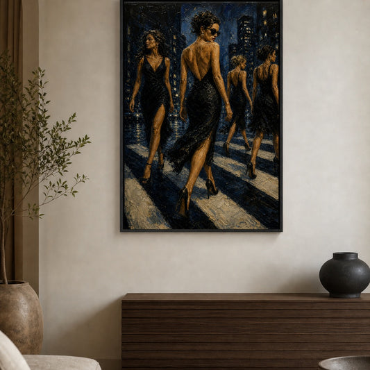 Four Women City Crosswalk Floater Frame Canvas Wall Art — room scene in a floater frame