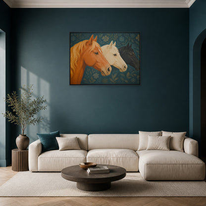 Three Horse Heads Brocade Floating Frame Wall Art - 02_black_frame_wall_scene_primary