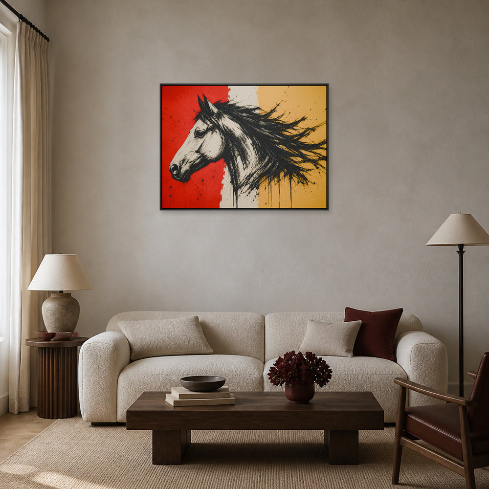 Left Facing Horse Brushstroke Floating Frame Wall Art - 02_black_frame_wall_scene_primary