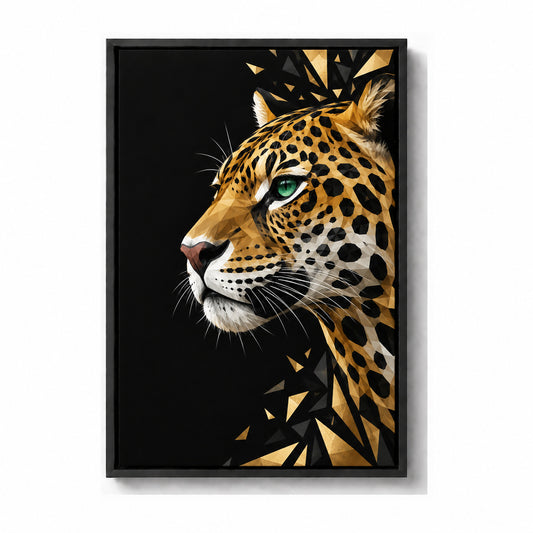 low-poly jaguar profile black frame canvas print