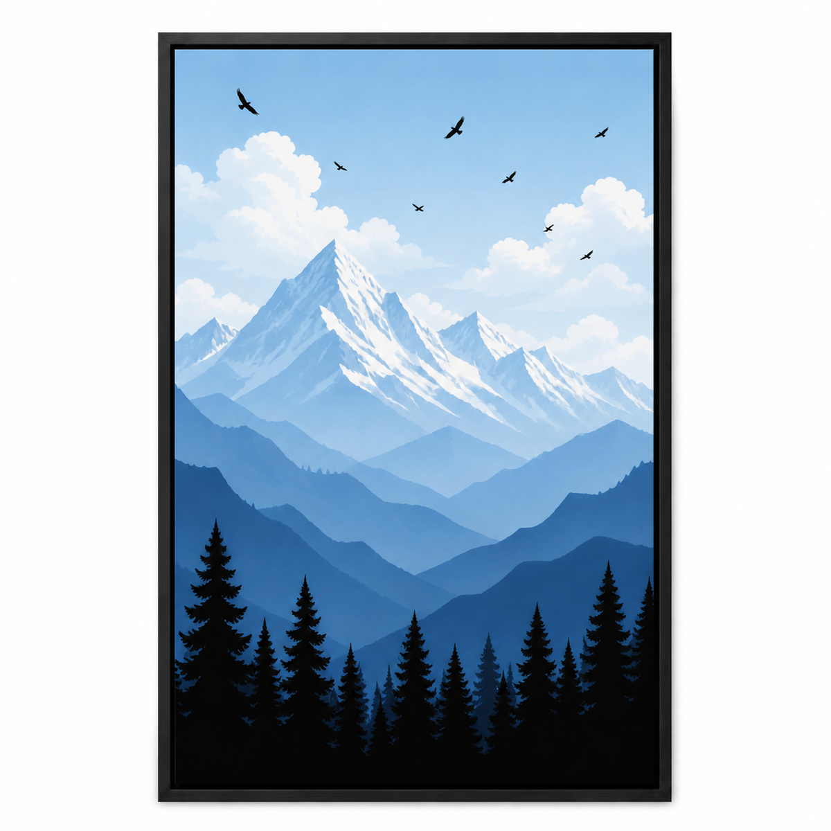 Blue Mountain Pine Forest Floating Frame Wall Art - Black Frame white background SKU