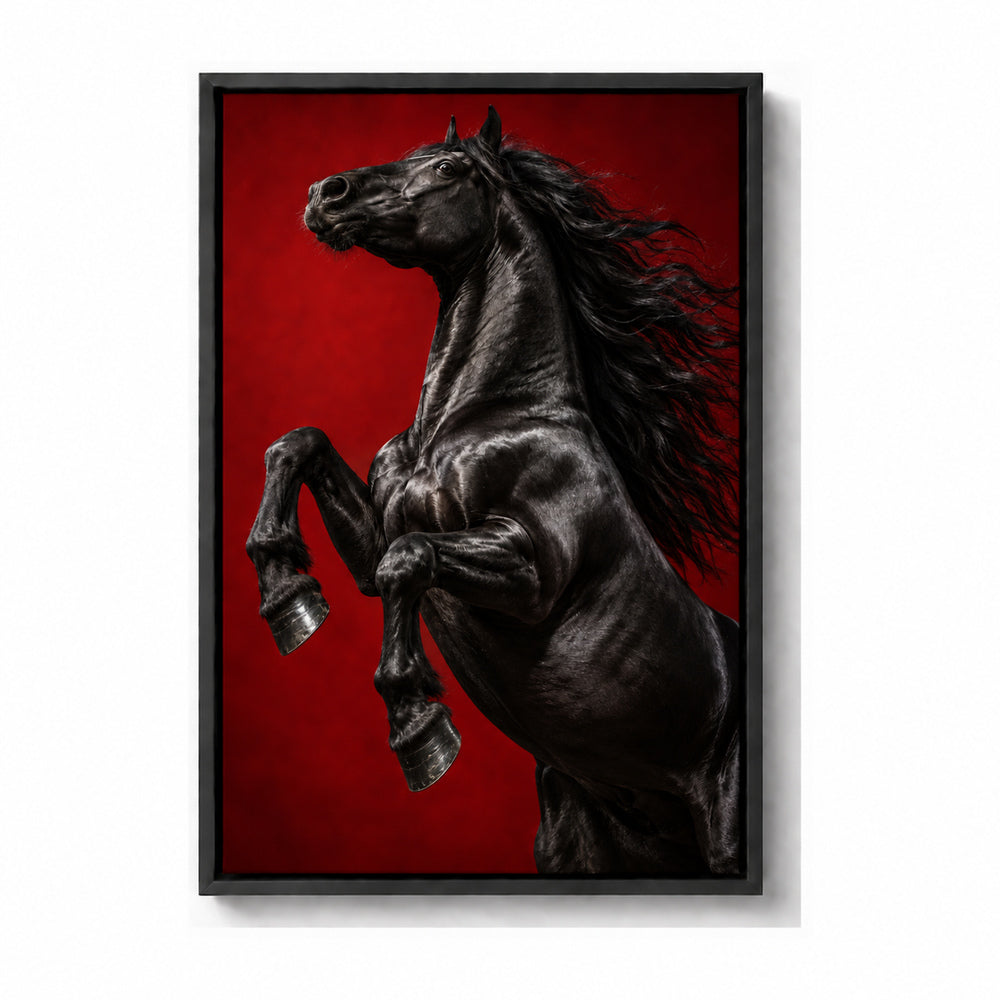 black rearing horse against deep red studio backdrop black frame canvas print