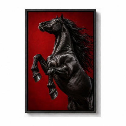 black rearing horse against deep red studio backdrop black frame canvas print