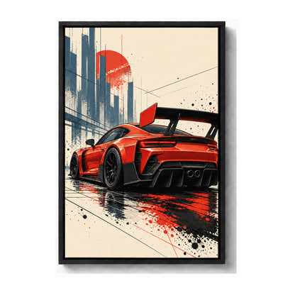 original red-orange track car comic artwork black frame canvas print