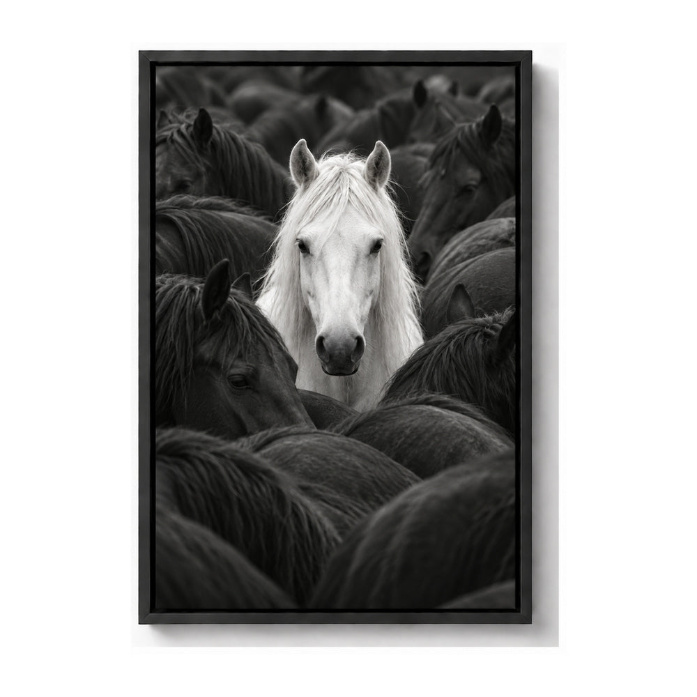white horse centered in a dark herd black-and-white photograph black frame canvas print
