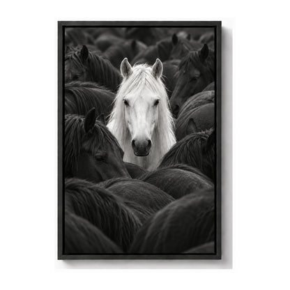 white horse centered in a dark herd black-and-white photograph black frame canvas print