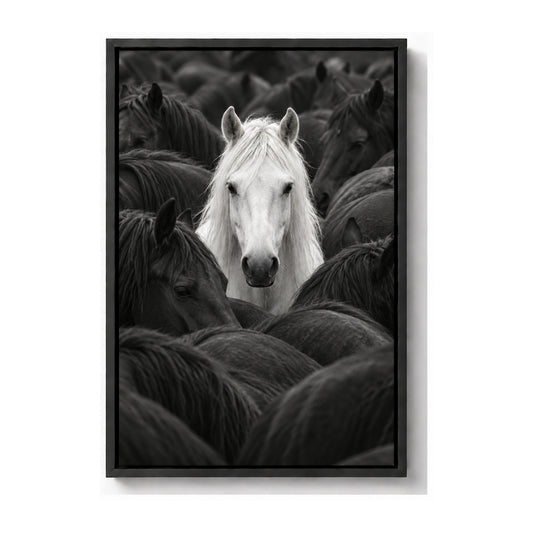 white horse centered in a dark herd black-and-white photograph black frame canvas print