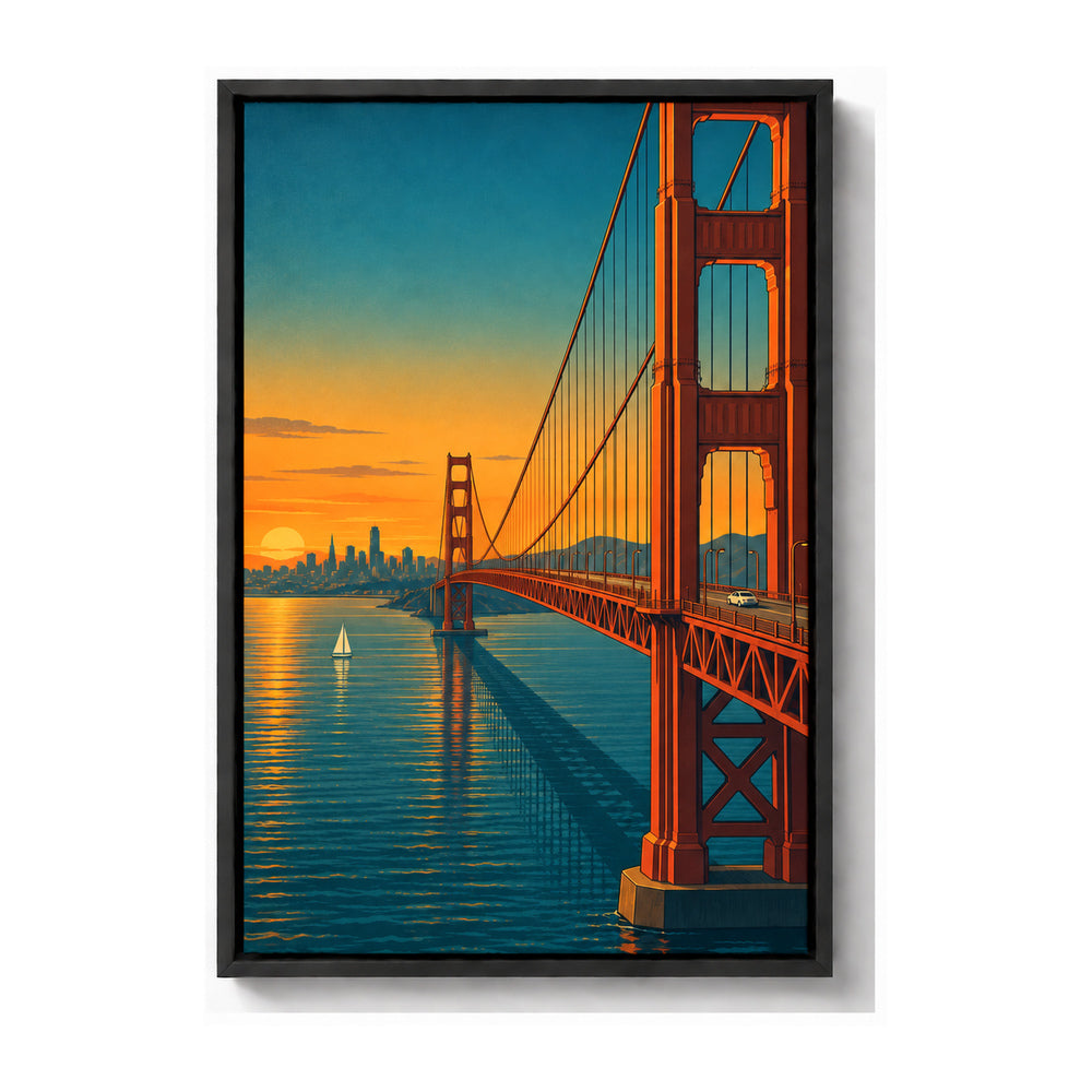 Golden Gate Bridge sunset travel poster from bridge deck black frame canvas print