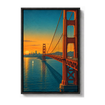 Golden Gate Bridge sunset travel poster from bridge deck black frame canvas print